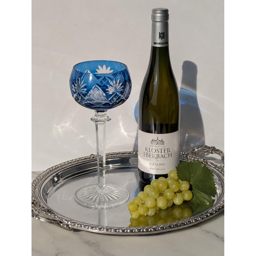Signed Val Saint Lambert Cobalt Blue Cut to Clear Crystal Wine Hock Glass